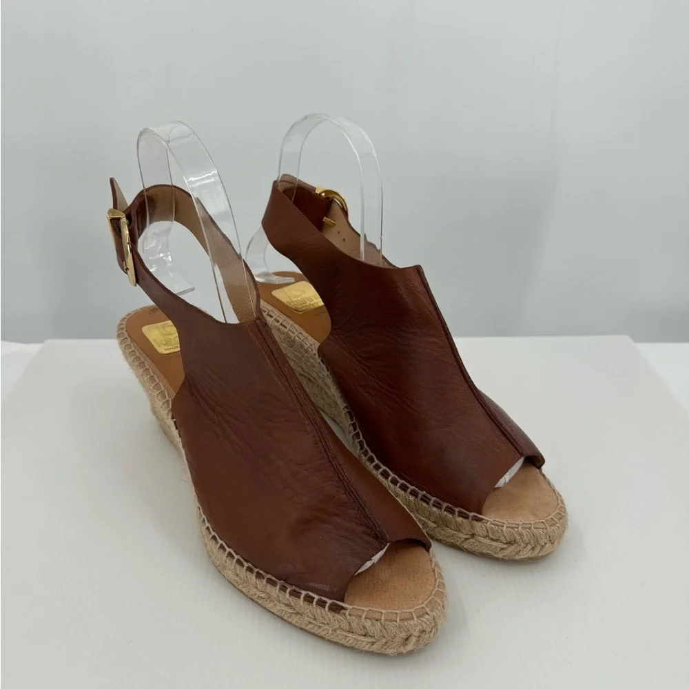 Kanna Peep Toe Slingback Brown Leather Espadrille Wedge Sandals Size 9.5